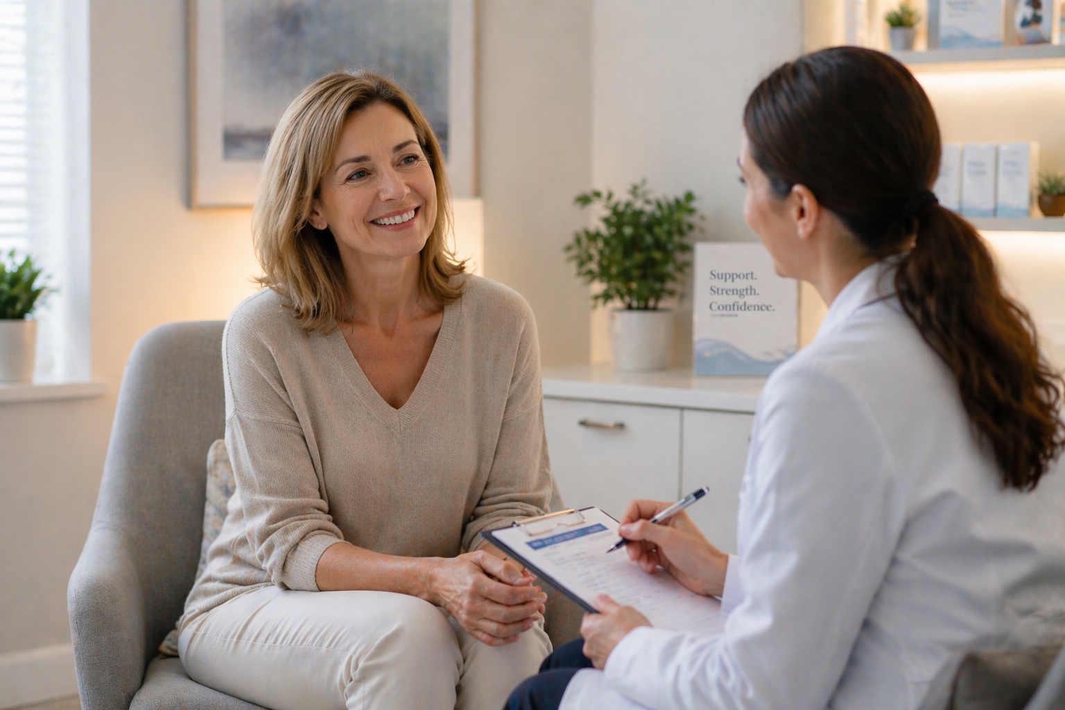 A person sitting in a modern clinic room, looking thoughtful and hopeful. The atmosphere is calm and supportive, reflecting the beginning of a positive health journey.